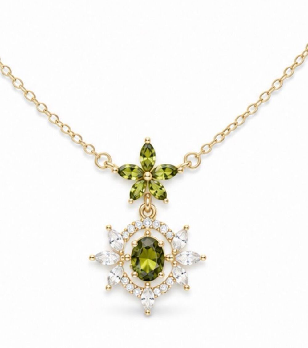 Gold Tone Olive Green Crystal Botanical Pendant Necklace